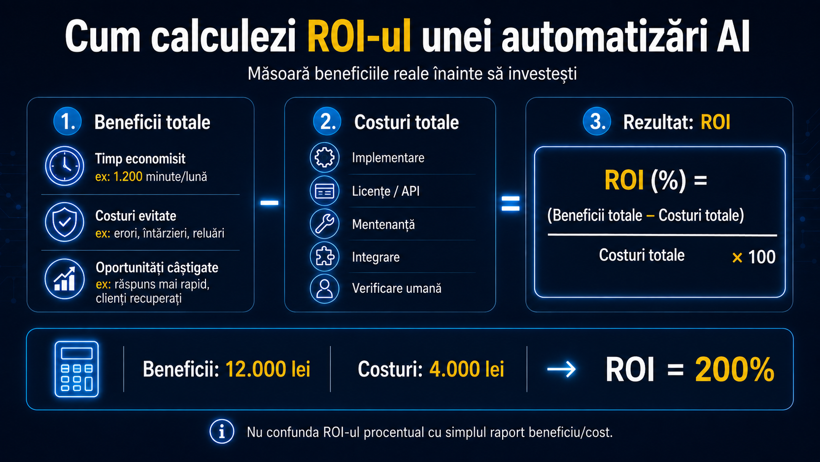Calcul ROI pentru automatizare AI într-un IMM: timp economisit, beneficii și costuri de implementare